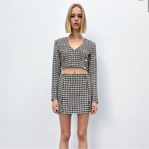 NWT Zara Houndstooth Top Tweed Crop Black White Size XS